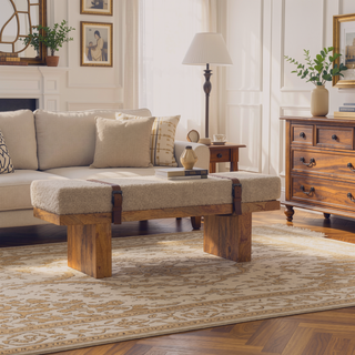 Sunvega Solid Mango Wood Belmont Cream Boucle Bench with Buffalo Leather Straps