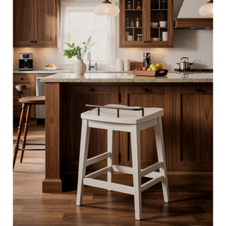 Sunvega Counter Stool with Shaped Seat and Oil-Rubbed Brass Galley Rail in Ivory