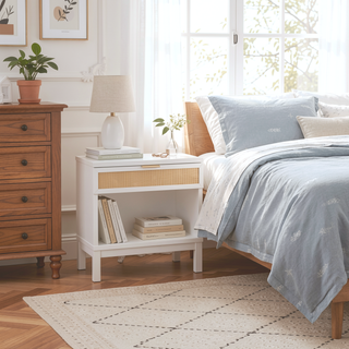 Sunvega White Coastal Nightstand with Cane Drawer and Gold Pull