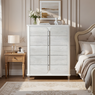 Sunvega White Upholstered Chest with Textured Drawer Fronts and Acrylic Legs