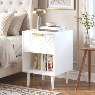 Sunvega Modern White Nightstand with Gold Accent Handle and Open Shelf