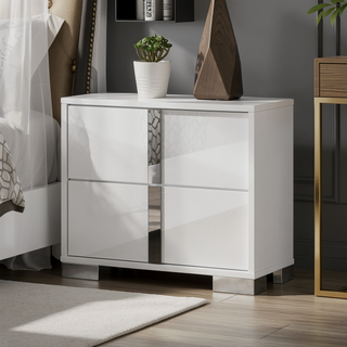 Sunvega White Modern Nightstand with Chrome Legs and UV Finish for Master Bedroom