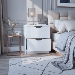 Sunvega White 2 Drawer Nightstand End Table with Pull Out System and Sleek Design