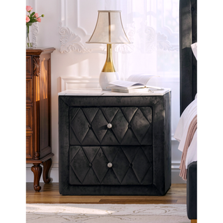 Sunvega Modern Nightstand with Faux Marble Top and Two Fabric Upholstered Storage Drawers
