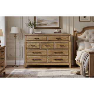 Sunvega Caramel Finish 9-Drawer Dresser with Elm Veneers and Black Metal Pulls