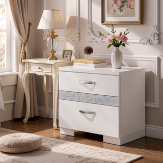 Sunvega White High Gloss Nightstand with 3 Drawers and Felt Lining