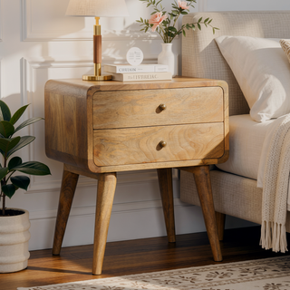 Sunvega Curved Oak-ish Bedside Table with Clean Lines and Contemporary Aesthetic