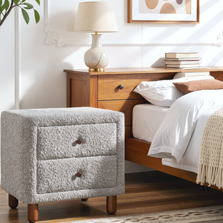 Sunvega Beige Fabric Nightstand with Two 10 by 13 by 5 Inch Storage Drawers