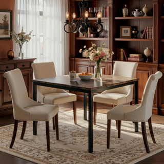 Sunvega Brown Faux Marble Table Top with Black Metal Frame Dining Table
