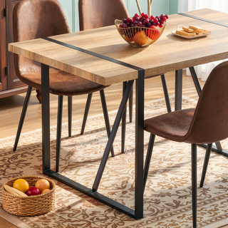 Sunvega Rustic Industrial Rectangular Wood Dining Table for 4-6 Person with Black Metal Legs