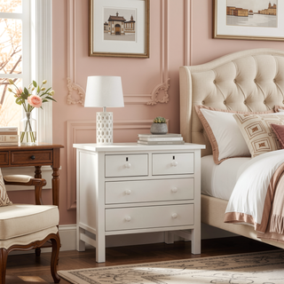Sunvega Antique White Nightstand with 4 Drawers and Faux Keyhole Accents