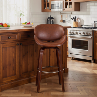 Sunvega Mid-Century Modern Swivel Barstool with Faux Leather Upholstery and Walnut Frame