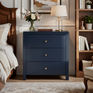Sunvega Modern Midnight Blue 3-Drawer Nightstand with Brushed Gold Knobs
