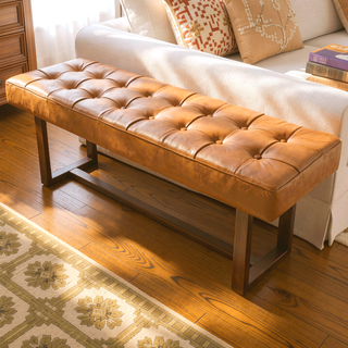 Sunvega Mid-Century Modern Tan Leather Bench with Solid Wood Frame for Living Room
