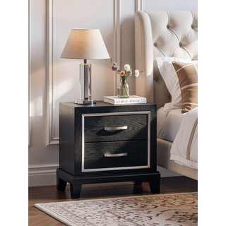 Sunvega Modern Black Nightstand with Two Drawers and Built-In AC USB Outlets