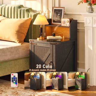 Sunvega Farmhouse Nightstand with Charging Station and Adjustable Shelf for Living Room Bedroom