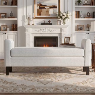 Sunvega Vanilla Fabric Upholstered Accent Bench with Foam-Padded Seat and Armrests