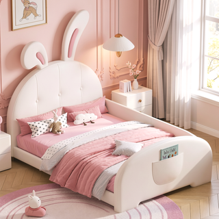 Sunvega Twin Size Upholstered Rabbit-Shape Princess Platform Bed with Headboard