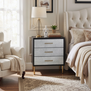 Sunvega Black Silver Gold 3-Drawer Nightstand with Metal Legs and Decorative Patterns