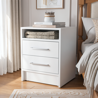 Sunvega White Rectangle Nightstand with Two Drawers and Shelf for Bedroom