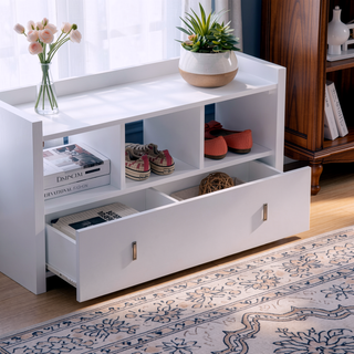 Sunvega White Entryway Shoe Bench with Three Shelves and One Storage Drawer