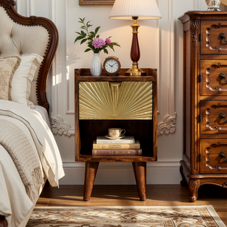 Sunvega Chestnut Finish Nordic Style Legs Brass Plated Drawer Nightstand