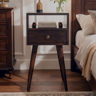 Sunvega Solid Mango Wood Nightstand with Drawer and Shelf on Nordic Legs