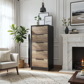 Sunvega White Pine Modern Vertical Five Drawer Dresser for Narrow Spaces