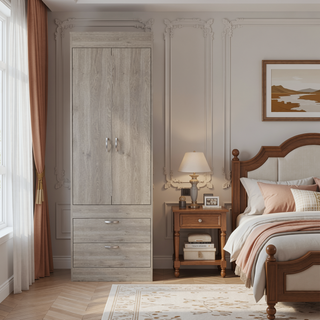 Sunvega Double Door Cabinet with Two Drawers and Integrated Hanging Rod for Bedroom