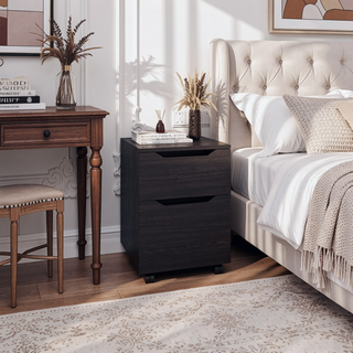 Sunvega Black Wood Modern Two-Drawer Rolling Mobile Nightstand for Bedroom