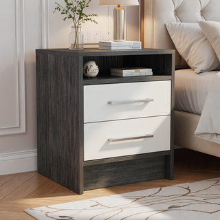 Sunvega Smokey Oak and White 2-Drawer 1-Shelf Rectangle Nightstand with Storage