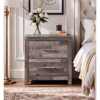 Sunvega Contemporary Dark Oak Finish Wooden Nightstand with Two Drawers Plank Pattern