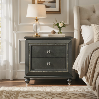 Sunvega Transitional Metallic Gray Finish Nightstand with Two Storage Drawers and Crystal Trim