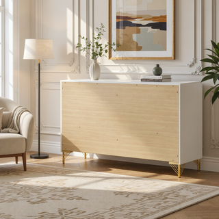 Sunvega Bright White Six-Drawer Dresser with Gold Trim for Bedroom Storage