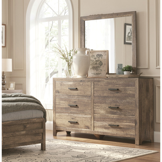 Sunvega Weathered Gray Finish 6 Drawer Dresser Faux Wood Veneer Bedroom Furniture