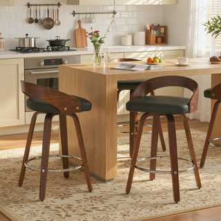 Sunvega Mid-Century Modern Swivel Bar Stools with Soft Cushion Seat and Walnut Finish