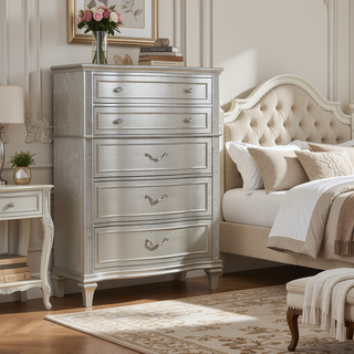 Sunvega Silver Oak 5-Drawer Chest with Hidden Felt-Lined Drawer and Sparkling Accent Panels