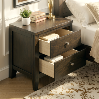 Sunvega Modern Dark Cocoa Two-Drawer Nightstand with Sleek Brushed Nickel Hardware