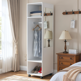 Sunvega Wenge 3-Shelf Wardrobe with Mirror and Open Storage for Bedroom