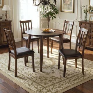 Sunvega Transitional Dark Brown Walnut Wood Round Dining Table With 4 Curved Ladder-back Chairs