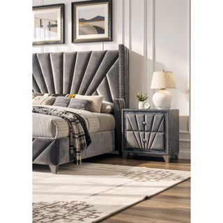 Sunvega Transitional Gray Fabric Upholstered Nightstand with Chrome Legs and Glass Top