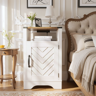 Sunvega White Oak Farmhouse Nightstand with Charging Station and Ample Storage