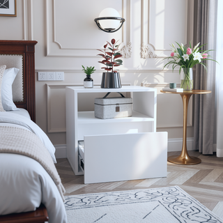 Sunvega Modern White Nightstand with Drawer and Casters for Bedroom Living Room