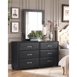 Sunvega Black Faux Leather Nightstand with Two Drawers and Silver Bar Pulls