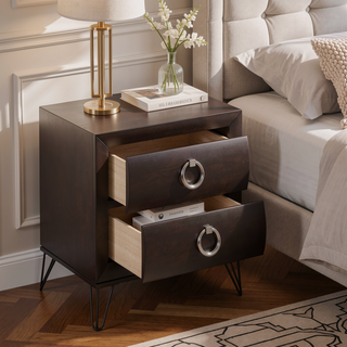 Sunvega Dark Merlot 2-Drawer Nightstand with Hairpin Legs and Felt-Lined Top