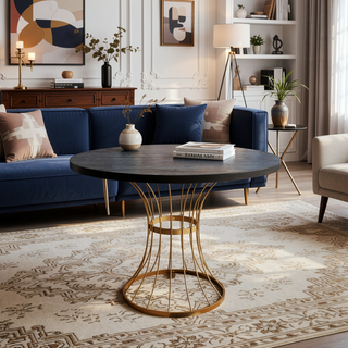 Sunvega 42 Inch Round Dining Table with Oak Veneer Top and Iron Base for Small Spaces