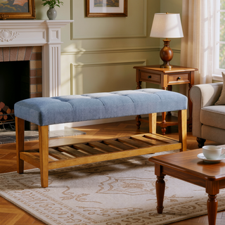 Sunvega Light Blue and Oak Tufted Padded Seat Bench with Open Slatted Shelf
