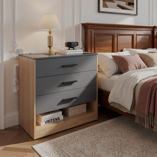 Sunvega Modern Oak and Grey Dresser with 3 Drawers and Open Shelf for Hallway