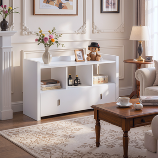 Sunvega White Entryway Shoe Bench with Three Shelves and One Storage Drawer