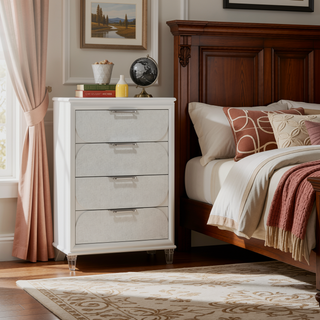 Sunvega Contemporary Glam Pearl White Nightstand with Embossed Panels and Acrylic Handles